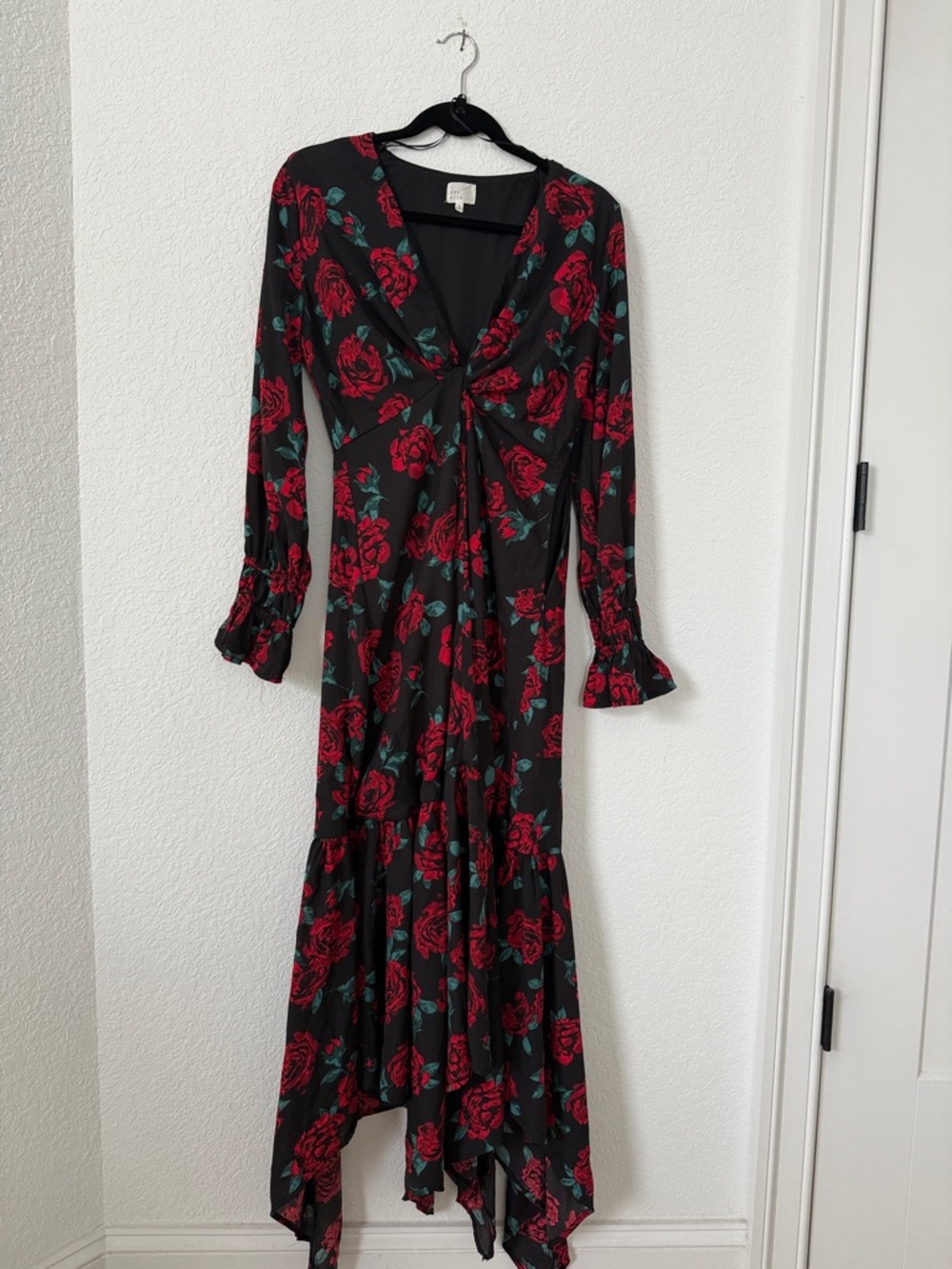 Black Floral Long Sleeve Twist Front Maxi Dress